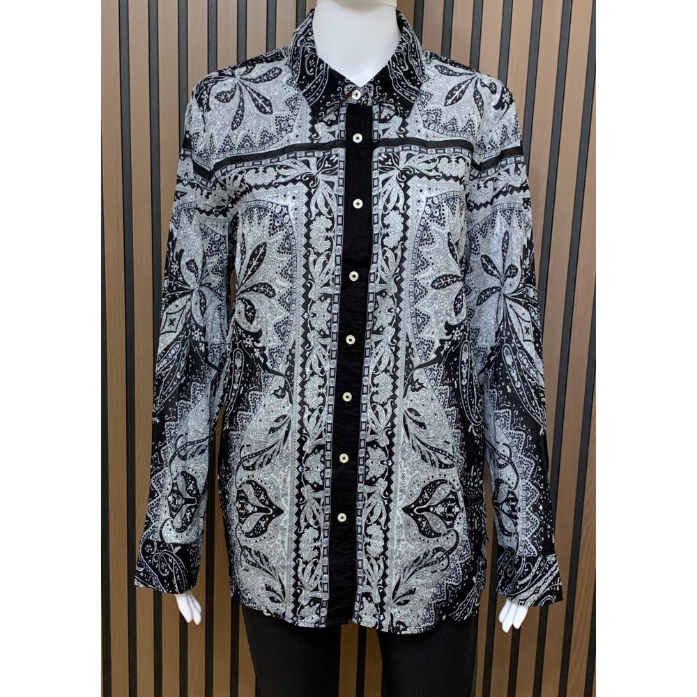 Talbots Women's Black White Paisley Cotton Button Down Shirt L Classic